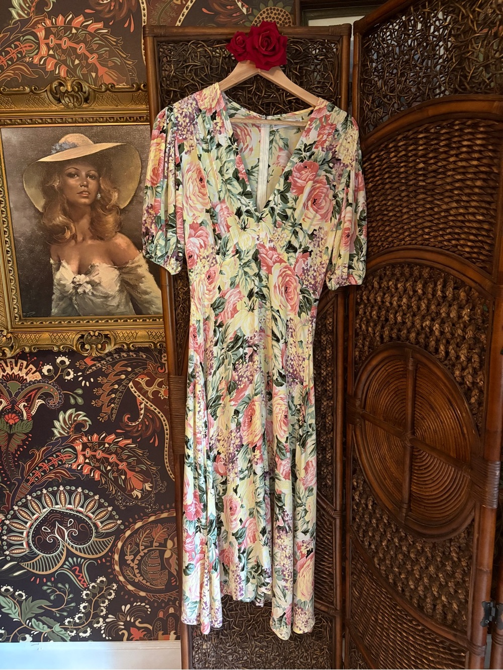 Faithfull the Brand Floral Midi Dress M US 6 Puff Sleeve Cottagecore Romantic